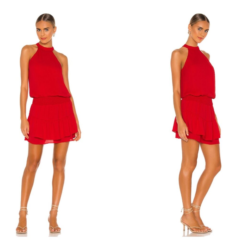 Krisa Red Halter Mini Dress Smocked Waist Tiered Skirt Revolve Size Small